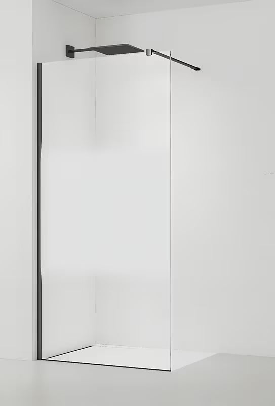 Walk-in dušo sienelė SAT Walk-in 110 cm, juodos spalvos, su skaidriu stiklu ir matine juosta.