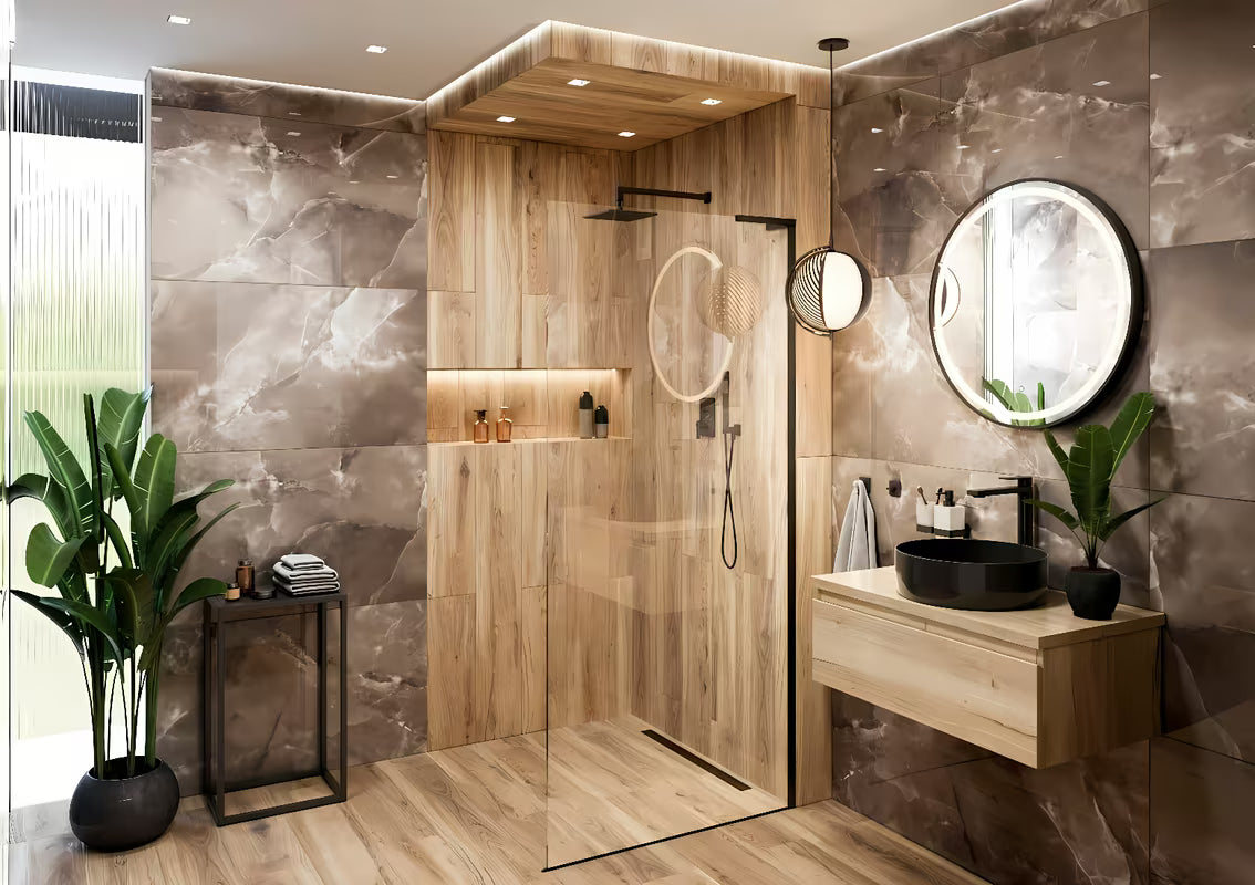 Walk-in dušo sienelė SAT Walk-in 110 cm, juodos matinės spalvos, su skaidriu stiklu ir berėmiu dizainu.