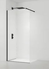 Juoda walk-in dušo sienelė su skaidriu grūdintu stiklu ir tvirtinimo laikikliu