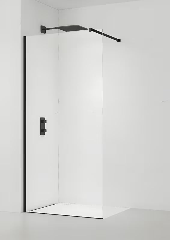 Juoda walk-in dušo sienelė su skaidriu grūdintu stiklu ir tvirtinimo laikikliu