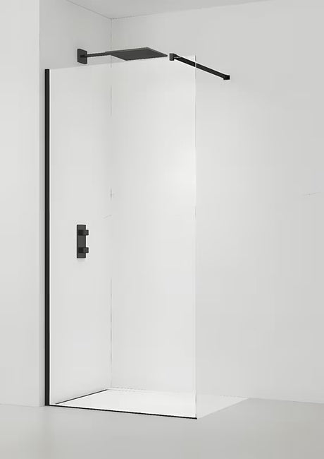 Juoda walk-in dušo sienelė su skaidriu grūdintu stiklu ir tvirtinimo laikikliu