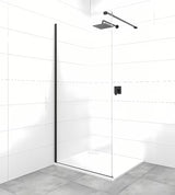 Juoda walk-in dušo sienelė su skaidriu grūdintu stiklu ir tvirtinimo laikikliu