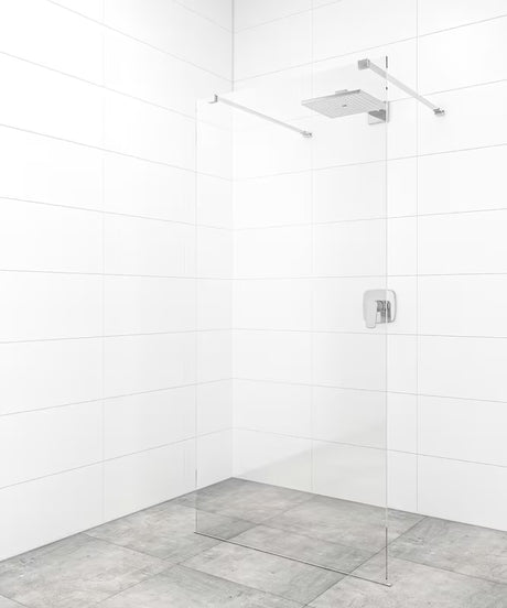 SAT Walk-in walk in Dušo-Sienelė 120 cm, chromo apdailos, su skaidriu stiklu ir berėmiu dizainu.