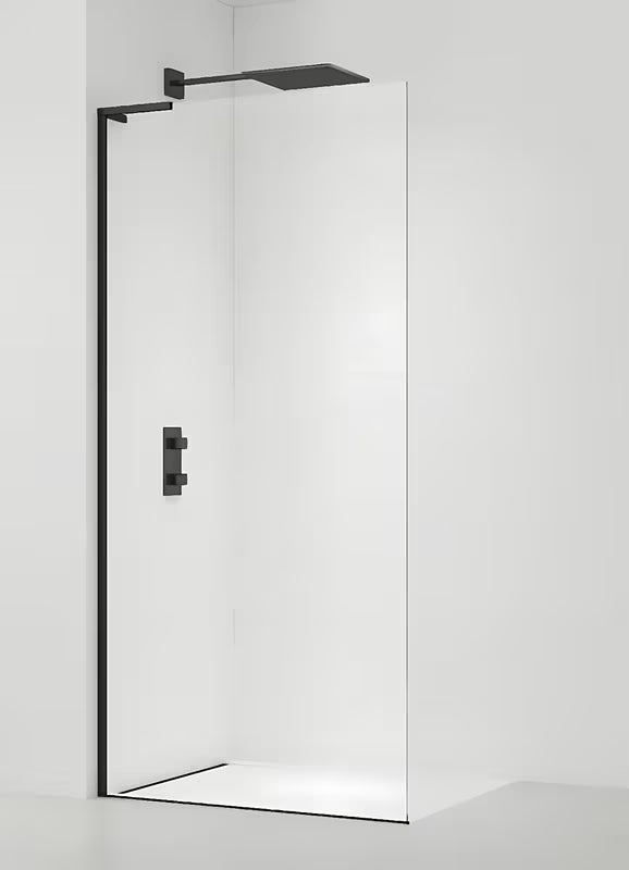 SAT Walk-in walk in Dušo-Sienelė 120 cm, juodos matinės spalvos, su skaidriu stiklu ir berėmiu dizainu.