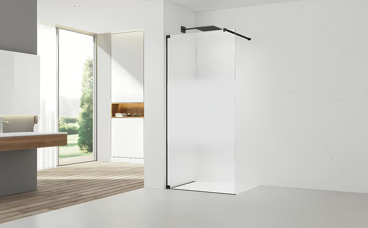 Juoda walk in Dušo-Sienelė SAT Walk-in 140x200 cm iš skaidraus stiklo su matine juosta