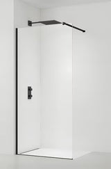 Juoda walk-in dušo sienelė SAT Walk-in 150 cm su skaidriu grūdintu stiklu ir berėmiu dizainu.