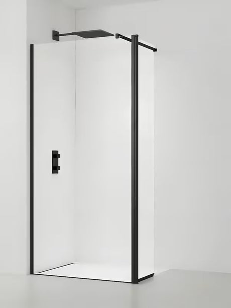 Juoda walk-in dušo sienelė SAT Walk-in 60 cm su skaidriu stiklu ir EasyClean danga.