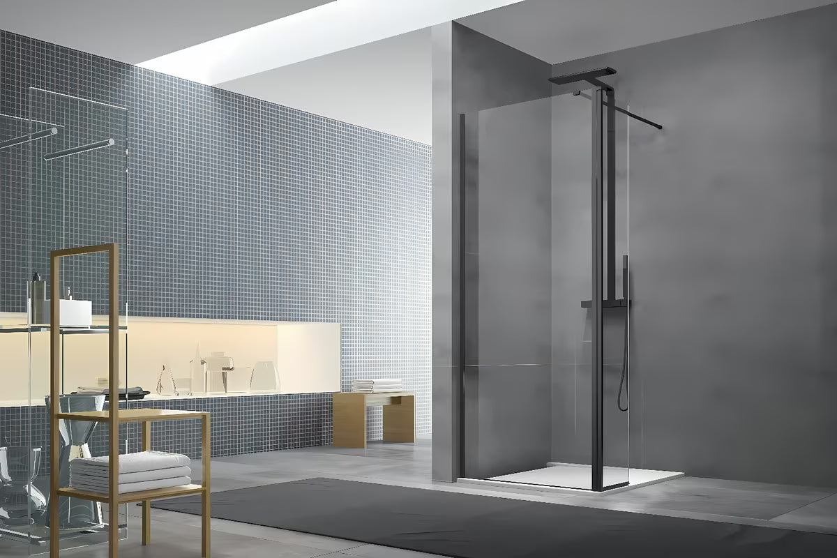 Walk-in dušo sienelė SAT Walk-in 70 cm, su skaidriu stiklu ir juodais matiniais profiliais