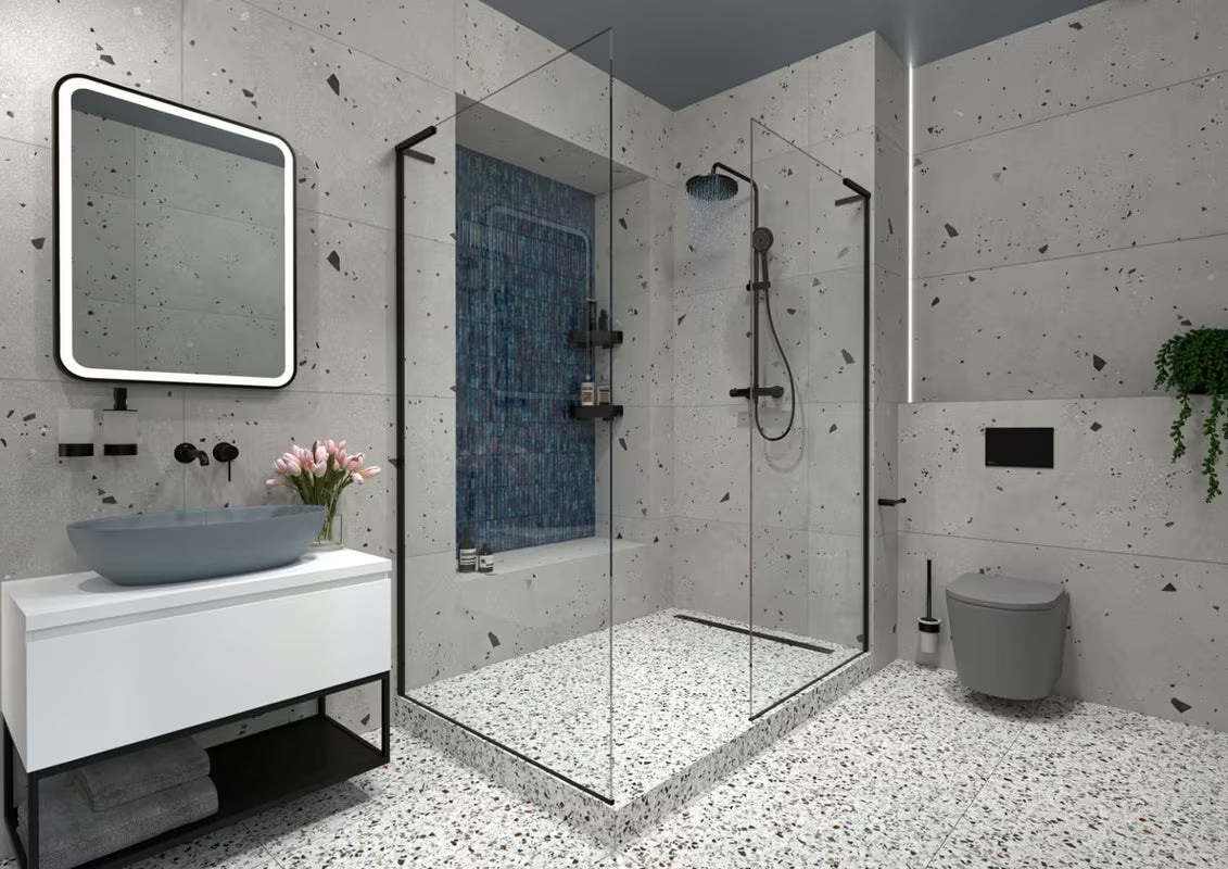 Walk-in dušo sienelė SAT Walk-in 70 cm, juodos matinės spalvos, su skaidriu stiklu ir berėmiu dizainu.