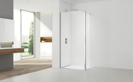 SAT Walk-in walk in Dušo-Sienelė 90 cm su skaidriu stiklu ir blizgaus chromo profiliais.