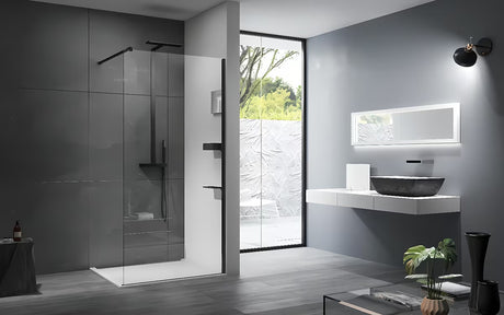 Juoda uždaroma dėžutė lentynėlė SAT Walk-In pro dušo kabina su kairine ir dešinine montavimo kryptimi.