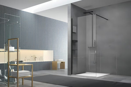 Reguliuojamas veidrodėlis SAT Walk-In juodos spalvos pro dušo kabina su kairine ir dešinine montavimo kryptimi.