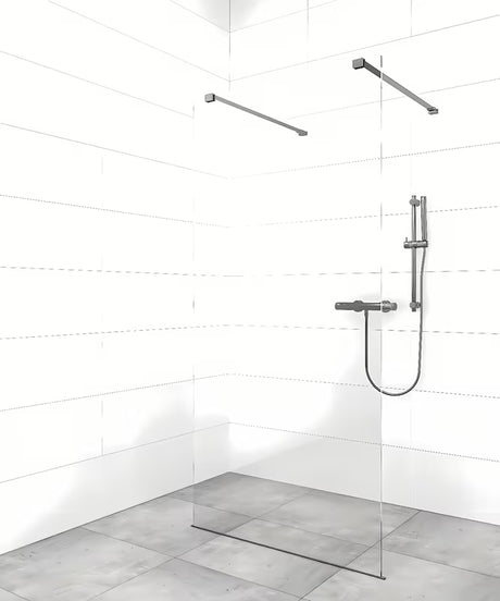 Tvirtinimo laikiklis SAT Walk-In su PVD dangos gun-metal spalvos paviršiumi pro walk-in dušo sienelei.