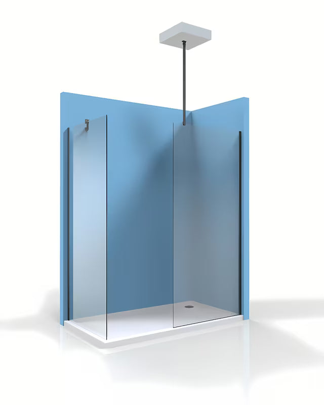 Juodas tvirtinimo strypas SAT Walk-in su lankstais abiejuose galuose pro walk-in stiklo stabilizavimui.