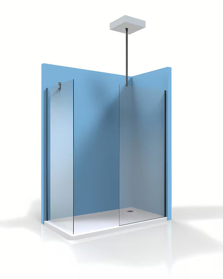 Juodas tvirtinimo strypas SAT Walk-in su lankstais abiejuose galuose pro walk-in stiklo stabilizavimui.