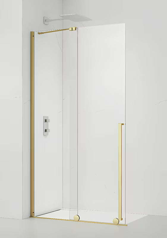 Walk-in dušo sienelė SAT Xmotion 110 cm, blizgaus aukso spalvos, su skaidriu stiklu, berėmė.
