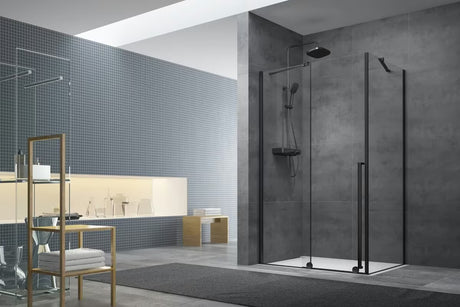 Stačiakampė dušo kabina SAT Xmotion 120x80 cm juodos spalvos, su skaidriu stiklu ir slankiojančia sienele