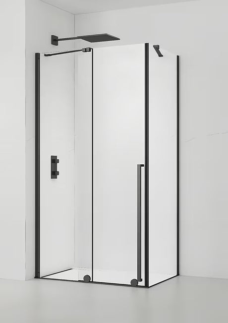 Dušo kabina SAT Xmotion 120x90 cm juodos spalvos, su skaidriu stiklu ir slankiojančia sistema
