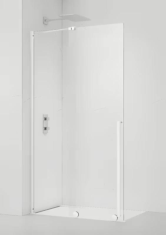 Walk-in dušo sienelė SAT Xmotion 140 cm su baltais profiliais ir skaidriu stiklu be dekoro