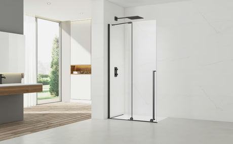 Walk in dušo-sienelė SAT Xmotion 140 cm, su skaidriu stiklu, slankiojančia sistema ir juodais profiliais