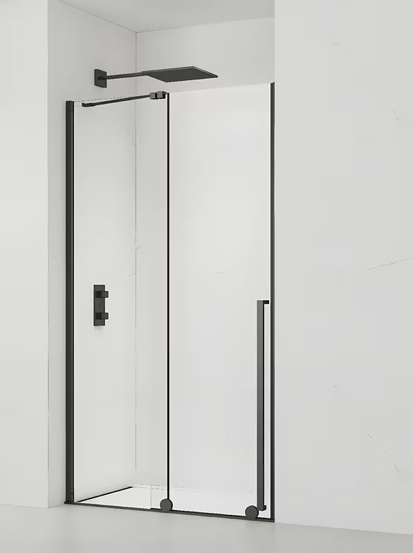 Dušo durys walk-in SAT Walk-In Xmotion 140 cm, juodos spalvos, skaidrus stiklas, stumdoma sistema.