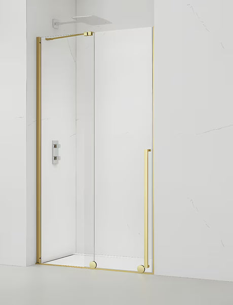 Dušo durys SAT Walk-In Xmotion 140 cm su blizgiu auksiniu profiliu ir skaidriu stiklu