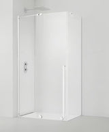 Stačiakampė dušo kabina SAT Xmotion 140x90 cm baltos spalvos, su skaidriu stiklu ir stumdomu atidarymu.
