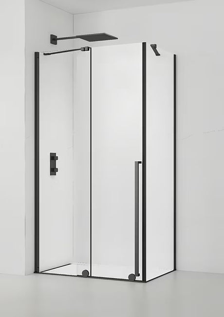 Dušo kabina SAT Xmotion 140x90 cm juodos spalvos, su skaidriu stiklu ir stumdomu atidarymu
