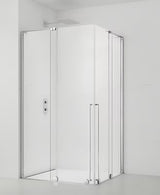 Kvadratinė dušo kabina SAT Walk-In Xmotion 100x100 cm su stumdomomis durimis ir skaidriu stiklu, blizgaus chromo spalvos.