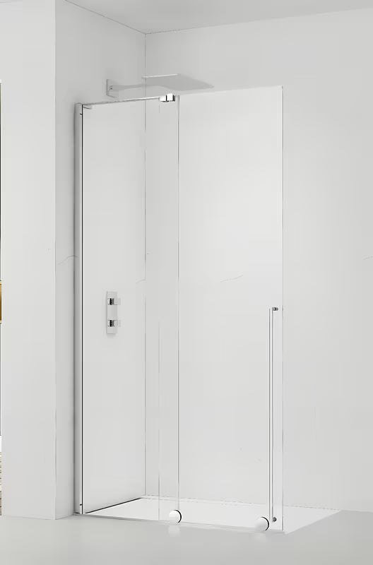 Dušo sienelė SAT Walk-In Xmotion Walk-In 140 cm, blizgaus chromo, su skaidriu stiklu ir stumdoma sistema.