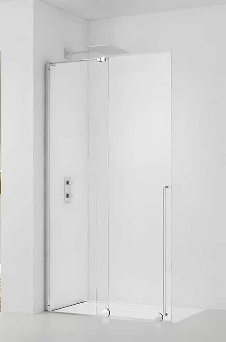 Dušo sienelė SAT Walk-In Xmotion Walk-In 140 cm, blizgaus chromo, su skaidriu stiklu ir stumdoma sistema.