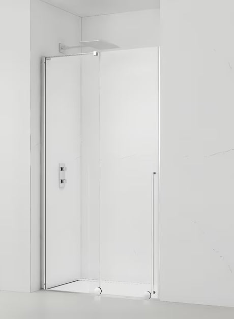 Dušo durys SAT Walk-In Xmotion nišai 140 cm, blizgaus chromo spalvos, su skaidriu stiklu ir slankiojančia sistema