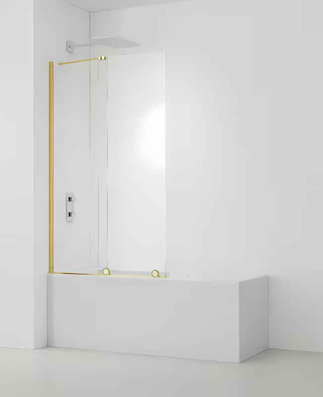Slankiojanti vonios sienelė SAT Walk-In Xmotion 150x117,5 cm iš skaidraus stiklo su blizgiu auksiniu profiliu.