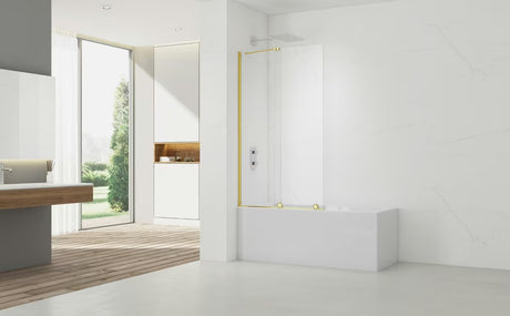 Slankiojanti vonios sienelė SAT Walk-In Xmotion 150x117,5 cm iš skaidraus stiklo su blizgiu auksiniu profiliu.