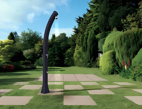 Antracito spalvos lauko saulės dušas SAT su pasukama viršutine dušo galva ir apatiniu vandens išvadu pro kojoms nuskalauti