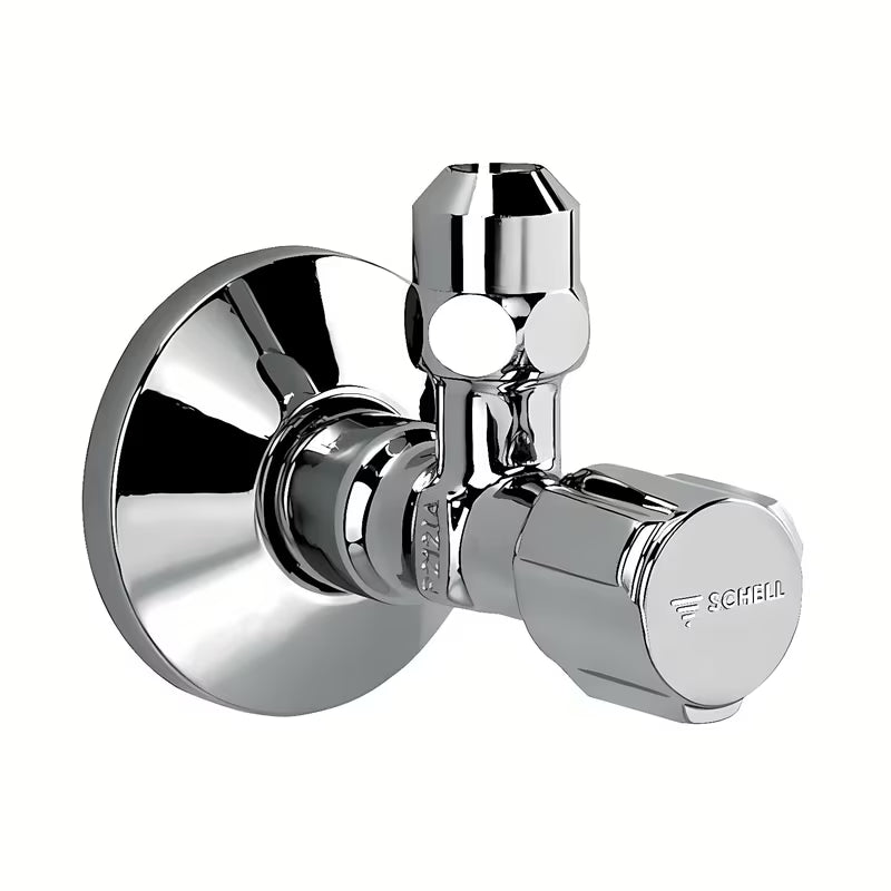 Chromuotas kampinis reguliavimo ventilis Schell su Comfort rankenėle ir savaime sandarinančiu prijungimo sriegiu