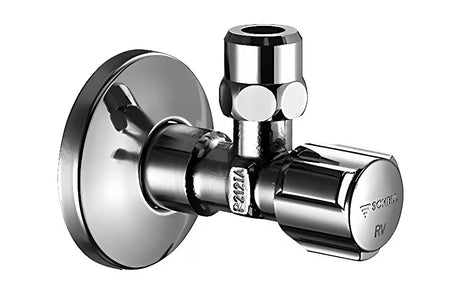 Chromuotas kampinis ventilis Schell Comfort su dvigubu atbuliniu vožtuvu ir rankenėle Comfort.