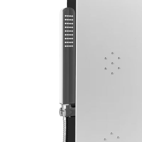 Baltas dušo panelis SIKO Alushower su 4 funkcijomis, įskaitant viršutinį ir rankinį dušai, krioklio srovę ir masažinius purkštukus.