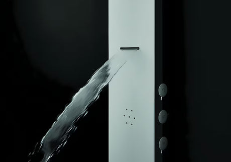 Baltas dušo panelis SIKO Alushower su 4 funkcijomis, įskaitant viršutinį ir rankinį dušai, krioklio srovę ir masažinius purkštukus.