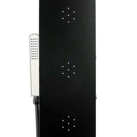 Juodas dušo panelis SIKO su 4 funkcijomis, įskaitant viršutinį ir rankinį dušai, krioklio srovę ir masažinius purkštukus.