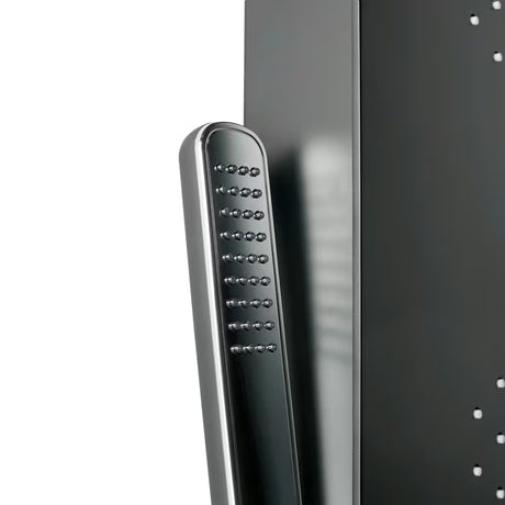 Juodas dušo panelis SIKO su 4 funkcijomis, įskaitant viršutinį ir rankinį dušai, krioklio srovę ir masažinius purkštukus.