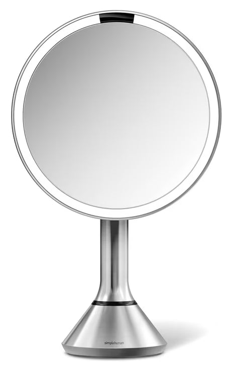 Kosmetinis veidrodėlis Simplehuman Dual Touch iš šlifuoto nerūdijančiojo plieno su Tru-lux LED apšvietimu ir 5x didinimu.