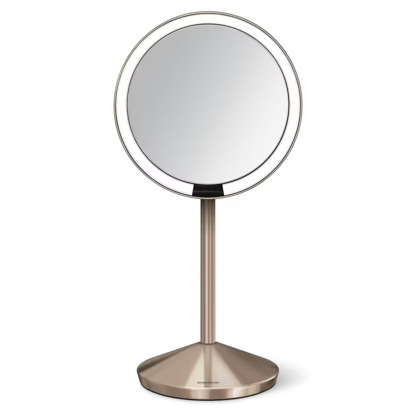 Kelioninis kosmetinis veidrodėlis Simplehuman Mini, spalva – rose gold, su Tru-lux LED apšvietimu ir 10x didinimu.