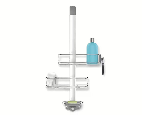 Dušo lentynėlė Simplehuman Shower caddy iš nerūdijančio plieno medžiagų su reguliuojamomis lentynėlėmis ir siurbtukais pro stabiliam tvirtinimui.