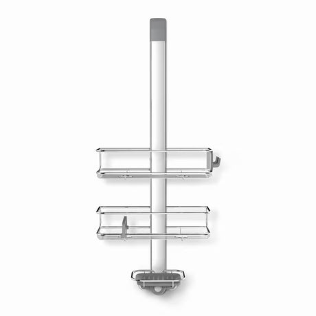 Dušo lentynėlė Simplehuman Shower caddy iš nerūdijančio plieno medžiagų su reguliuojamomis lentynėlėmis ir siurbtukais pro stabiliam tvirtinimui.