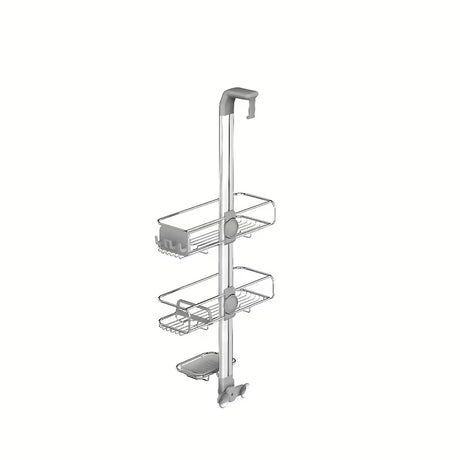 Dušo lentynėlė Simplehuman Shower caddy iš nerūdijančio plieno medžiagų su reguliuojamomis lentynėlėmis ir siurbtukais pro stabiliam tvirtinimui.