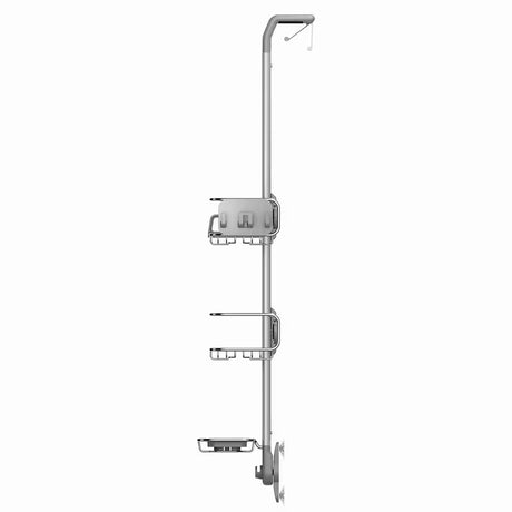Dušo lentynėlė Simplehuman Shower caddy iš nerūdijančio plieno medžiagų su reguliuojamomis lentynėlėmis ir siurbtukais pro stabiliam tvirtinimui.