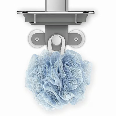 Dušo lentynėlė Simplehuman Shower caddy iš nerūdijančio plieno medžiagų su reguliuojamomis lentynėlėmis ir siurbtukais pro stabiliam tvirtinimui.