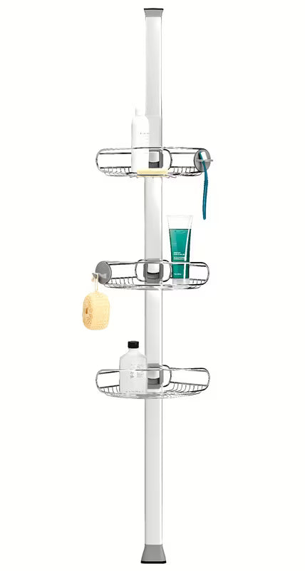 Reguliuojama dušo stovas Simplehuman Shower caddy su vielinėmis lentynėlėmis į kampą iš nerūdijančio plieno.