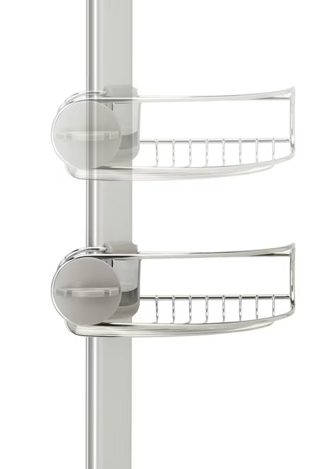 Reguliuojama dušo stovas Simplehuman Shower caddy su vielinėmis lentynėlėmis į kampą iš nerūdijančio plieno.